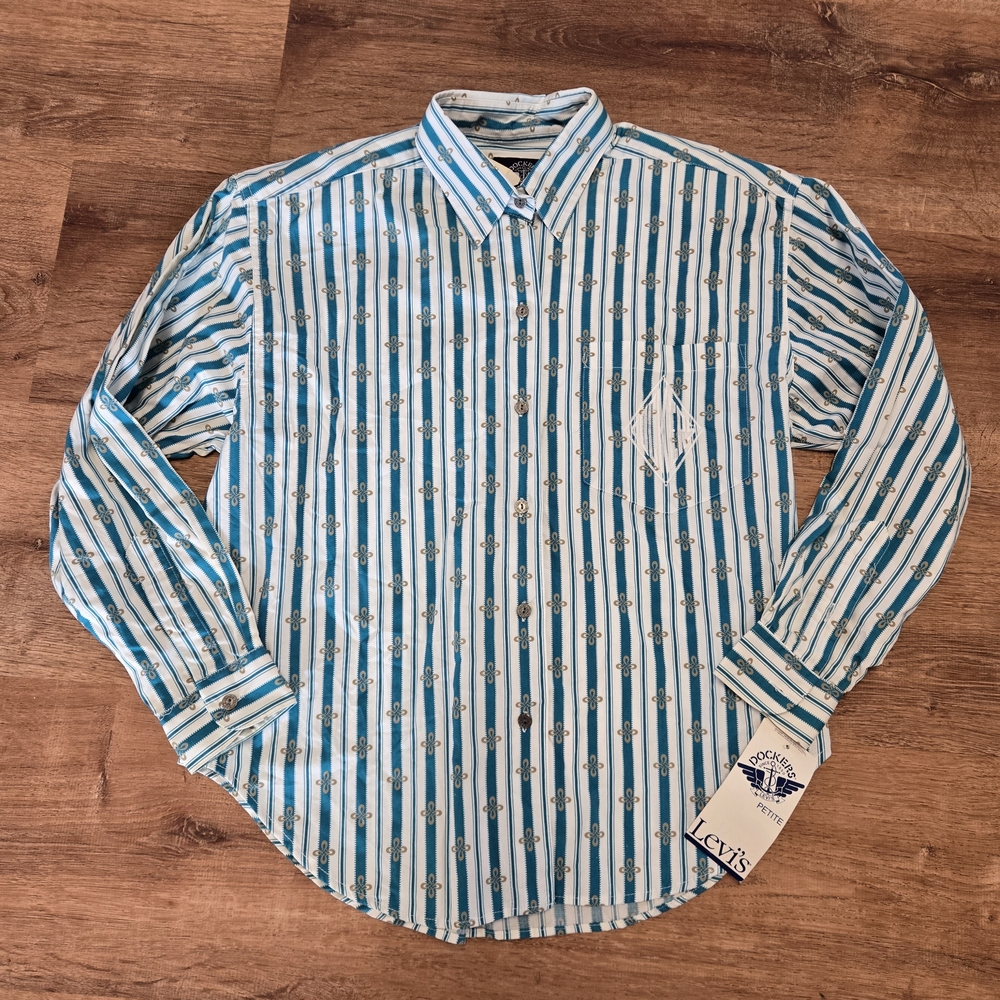 NWT! Vintage Levi's Dockers Teal and White Striped Women's Shirt Small Petite